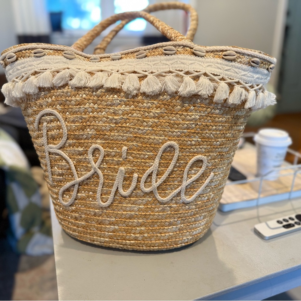 Bride Straw Tote Bag with Tassels